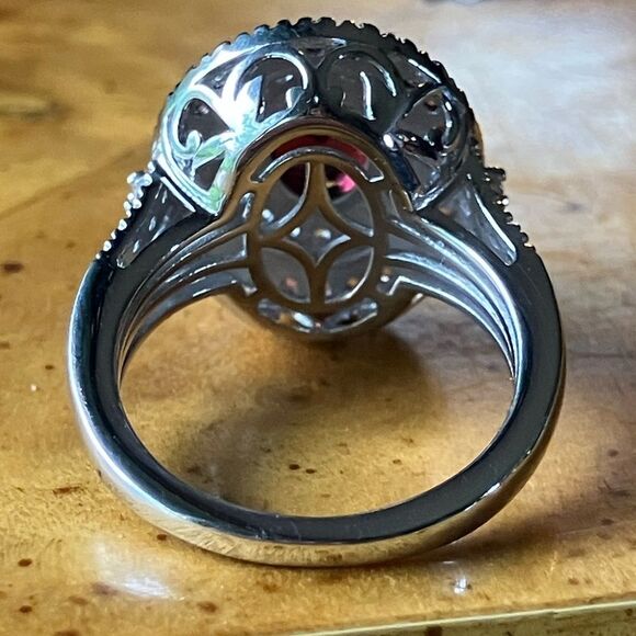 Natural Red Garnet Pink Tourmaline Sterling Silver Double Halo Ring Size 6 - Picture 5 of 9